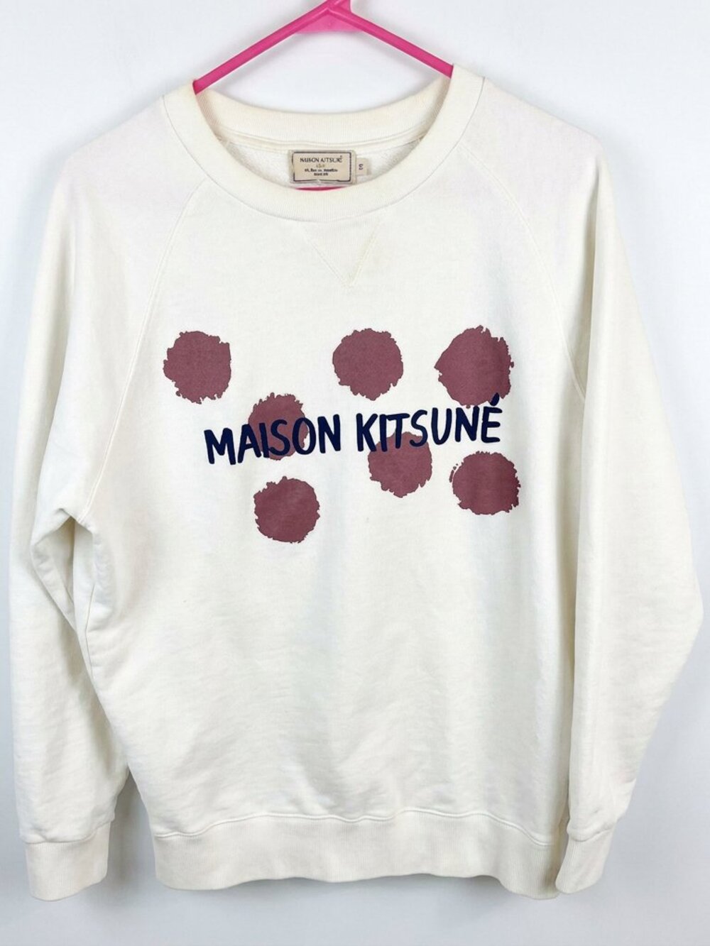 MAISON KITSUNE White and Orange Spot Design Crewneck Sweater - Size Medium